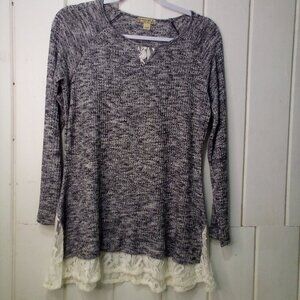 Energe World Wear Shirt Blouse S Long Sleeve Lace Trim Gray White